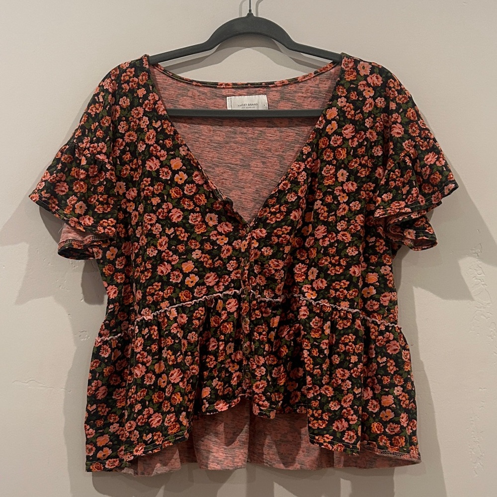 Lucky Brand Black and Red Floral Peplum Blouse